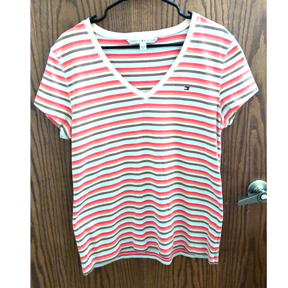 Tommy Hilfiger XXL Womens Striped V-Neck T-Shirt Coral Pink Cream Brown Cotton